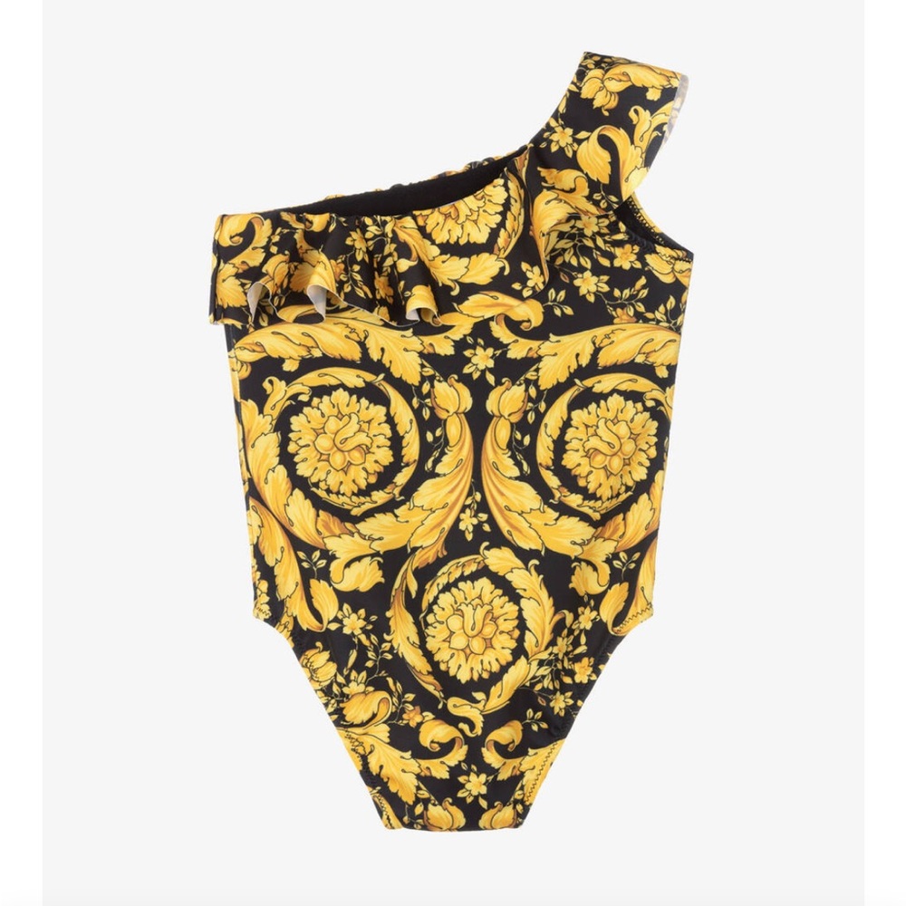 Versace Kids Black and Gold One-Shoulder Swimsuit